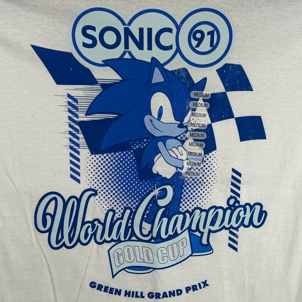 Sonic the Hedgehog World Champion Green Hill Grand Prix White Graphic Tee M New